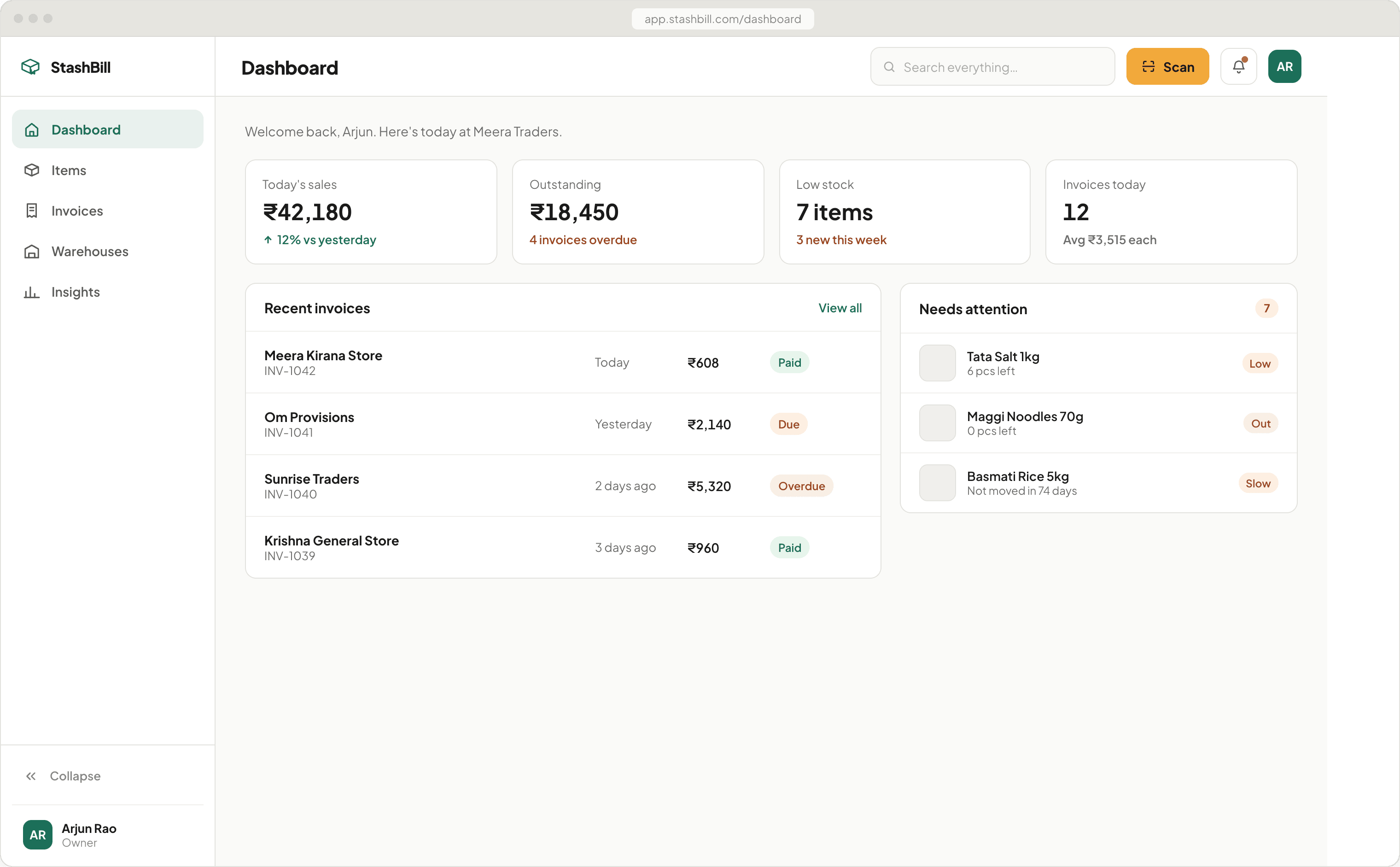 StashBill desktop dashboard showing today's sales, outstanding invoices, and low stock alerts
